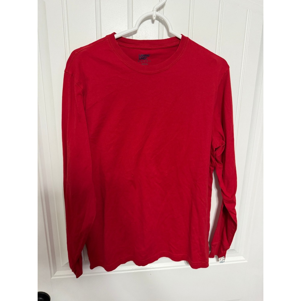 Lands' End Long Sleeve T-Shirt Men M Red Solid Cotton Crew Neck Basic Tee
